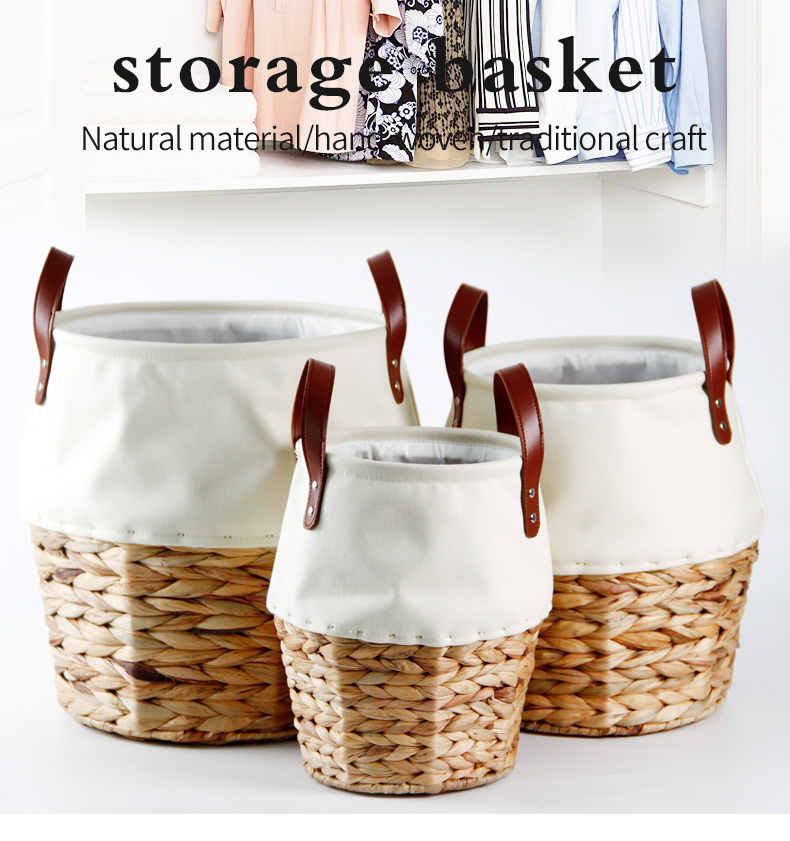 Handwoven Baskets With Leather Handles Water Hyacinth and Canvas Home Storage&Organization Storage Basket