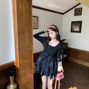 Black Swan Dress V Neck Elastic Waist Solid Color Polyester Casual Daily Wear Petite Outfit Tulip Skirt Puffy Skirt - Product Image 1
