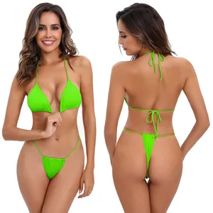 2024 yeni sıcak aşırı seksi mikro Bikini mayo Beachwear kadın iki parçalı Mini dize Bikini seti Push Up katı kızlar mayo