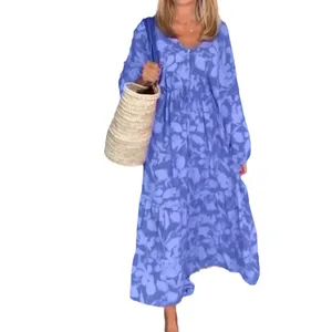 Robe décontractée à manches longues et col en V en polyester pour l'été, disponible en rouge, bleu, vert, tailles S à <span class=keywords><strong>XXXL</strong></span> - Product Image 5