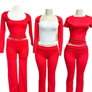 Oem Custom Rood T-Shirt Wijde Pijpen Broek Tweedelige Set Vrouwen Kleding Fabrikanten Lounge Kleding Pak Loungewear Outfit 2024 Lente