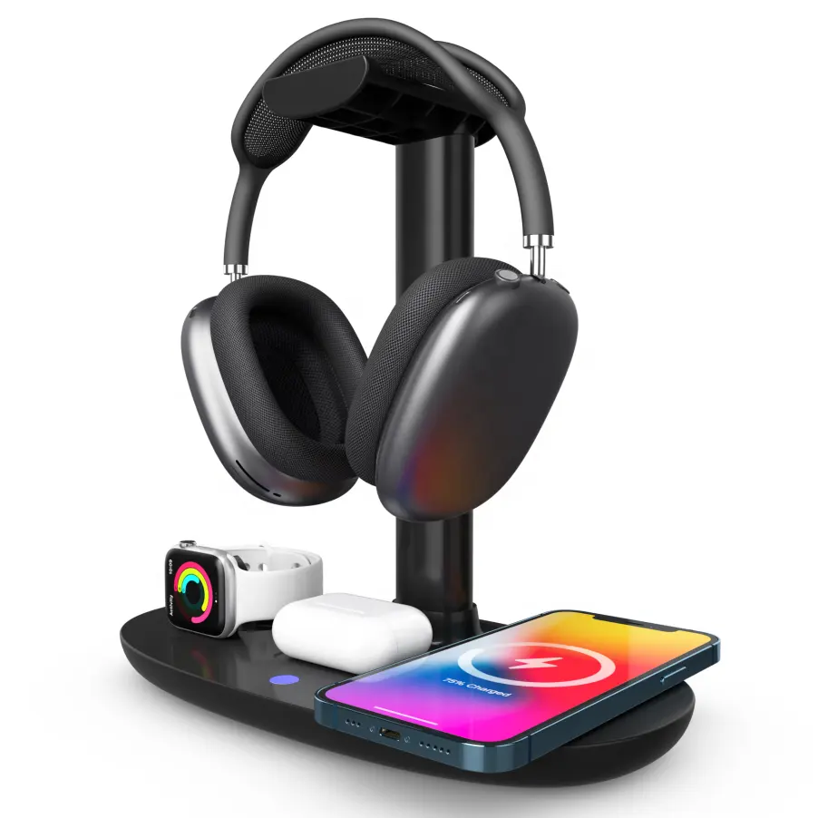 Headphone Stand Gaming Headset Holder with USB Charger , 4 in 1 Wireless Charging Station Stand for AirPods Max for iPhone