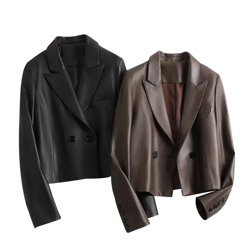 Classic and elegant design suit lapel genuine leather sheepskin ladies short jacket coat