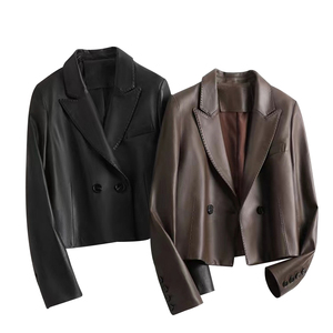 3126 traje de diseño clásico y elegante bolsillo de solapa cuero genuino piel de oveja señoras Chaqueta corta abrigo - Product Image 1