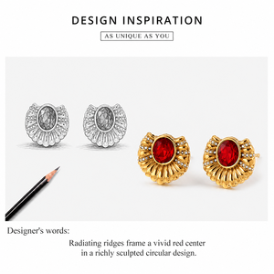 Boucles d'oreilles clous Red Sunburst en acier inoxydable plaqué or 14K sous vide avec zircon cubique, boucles d'oreilles statement - Product Image 3