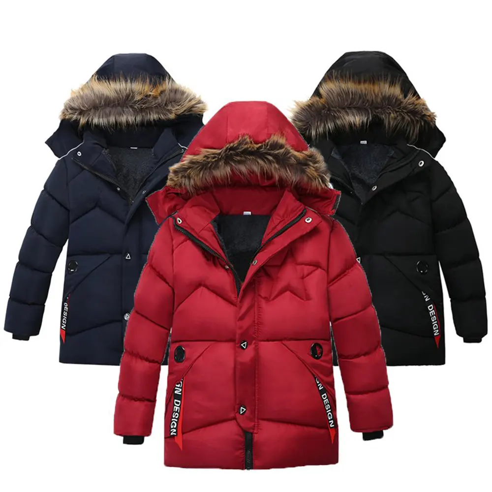 Échantillon gratuit veste d'hiver pour garçons, veste épaisse et chaude avec col en fourrure et fermeture éclair de couleur unie pour enfants