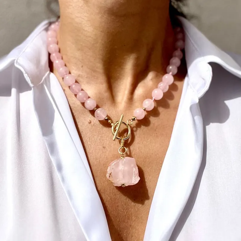 Rose quartz gemstone beaded choker necklace raw stone pendant necklace jewelry gift for her