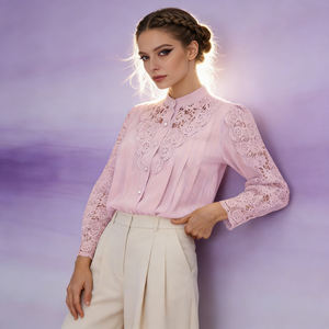 Blusa de Mujer Personalizable, Linda, Beige, de Poliéster y Elastano, con Ribete de Encaje de Crochet, Transpirable, Ropa de Verano, Elegante, de Manga Larga - Product Image 4