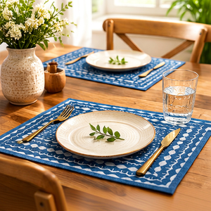 Premium Hand Block Print Cotton <b>Placemats</b> Set 4 India Thin Indigo Blue White Washable Floral Boho Home Decor Customizable - Product Image 1
