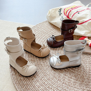 Nouvelles Bottes de Ballet Mi-Mollet pour Filles Style Cowgirl avec Talon Compensé, Nœud et Boucle pour l'Automne et le Printemps - Product Image 3