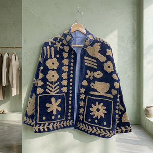 Chaqueta Azul con Cuello Mandarín y Patrón Geométrico Bordado a Mano, Manga Larga, Estilo Blusón de Terciopelo para Otoño - Product Image 3