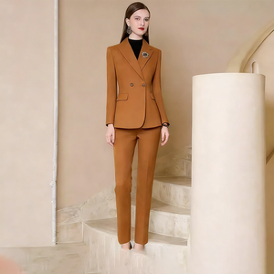 Nuevo Traje de Pantalón Color <span class=keywords><strong>Camel</strong></span> para <span class=keywords><strong>Mujer</strong></span>, Tacto Suave, <span class=keywords><strong>Blazer</strong></span> con Cuello de Solapa, para Uso Diario Profesional Contemporáneo y Salidas de Fin de Semana - Product Image 1