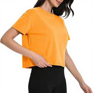 Wholesale Women's Orange <b>Cropped</b> Gym T-Shirt Short Sleeve O-Neck Casual <b>Top</b> Knitted Solid Color Box Fit Style - Product Image 1