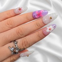 Faux ongles 3D personnalisés à presser, motif floral, amande, perles dorées, gel brillant ombré lavande, en ABS, vente en gros OEM