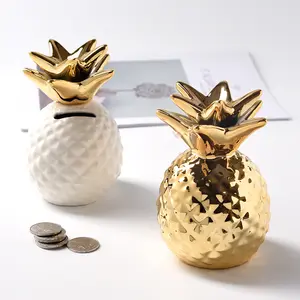 TOPSTHINK Manufacturers Diy Cute Adult Gold White Pineapple Shape Ceramic Money Box Coins Piggy Saving Bank