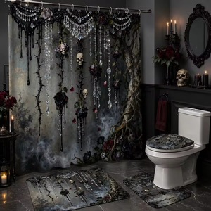 Black Gothic Skull Roses Polyester Shower Curtain Bathroom Curtain Digital Print Custom Print Waterproof Bulk Wholesale Modern - Product Image 2