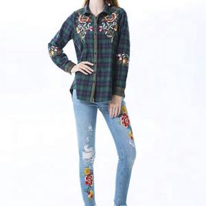 Ropa Casual para Mujer 2023, Camisa a Cuadros con Bordado de Manga Larga, Blusas y Tops para Mujer, S-04, Liso Teñido, Poliéster/Algodón, Corte Regular - Product Image 4