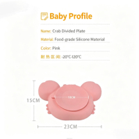Assiette d'apprentissage pour bébé Jincy, forme de crabe mignonne, ventouse puissante, silicone de qualité alimentaire, sans BPA, compatible micro-ondes et lave-vaisselle