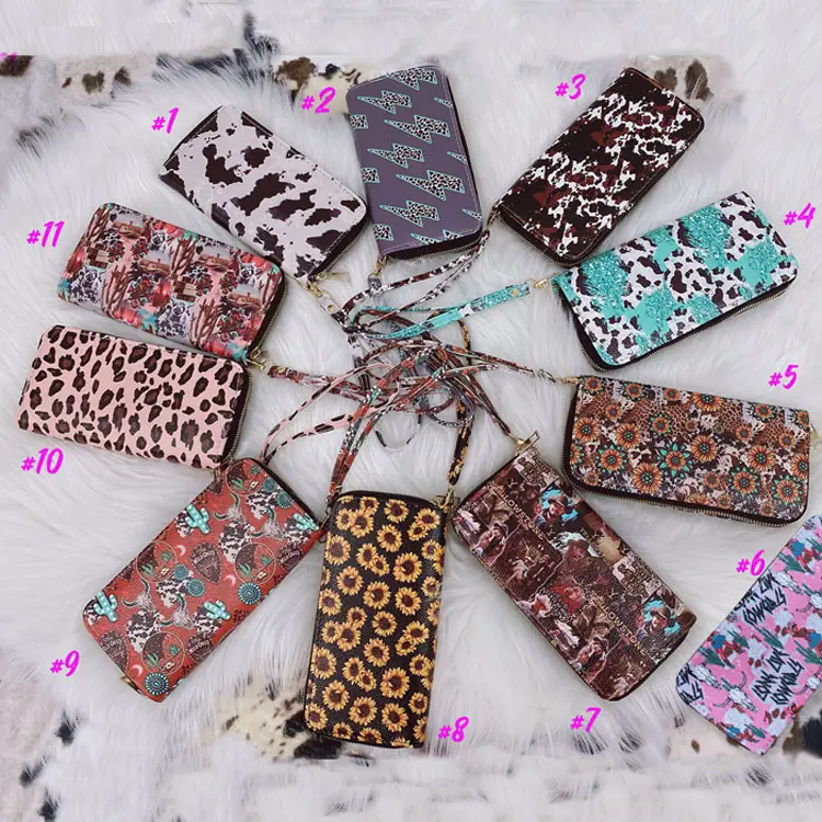 Wholesale aztec cow leopard sunflower rainbow print purse ladies PU fashionable zipper long wallets leather woman