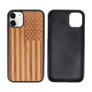 TPU樱桃手机壳带美国国旗设计适合苹果11木质手机壳