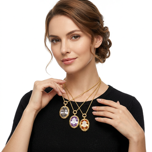 9 Vintage Style jewelry bulk Copper Gold Plated brushed Designer 18*25Oval Cut Purple Cubic Zirconia Pendant necklace for Women - Product Image 3