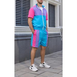 Yisfri Men's Vintage Track Suit 80s 90s Style Quick Dry <b>Workout</b> Set Short Sleeve <b>Jacket</b> And Shorts Disco Outfit - Product Image 6