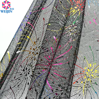 Tissu en maille warp en polyester doré imprimé feu d'artifice, design textile brillant pour vêtements, robes de scène et vêtements de nuit