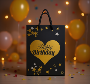 Sacchetto Regalo di Compleanno Nero e Oro con Design a Cuore e Stella in Carta per Feste - Product Image 2