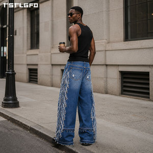 Cut And Sew Desert Fringe <b>Jeans</b> Heavyweight Vintage Wash Western Side Tassel Wide Leg Denim Pants Wholesale Bulk - Product Image 2