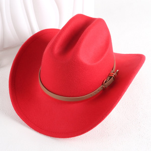 ZhenXi Cowboy Hat M56-58cm Red Solid Color Wool Felt Wide Brim Fashionable Stylish Commute Hat - Product Image 1