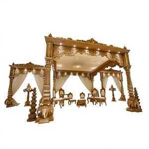 Décorations de mandap de mariage en bois avec sculptures d'éléphants et auvent pour les cérémonies sud-indiennes - Mandap de mariage traditionnel du sud de l'Inde - Product Image 1
