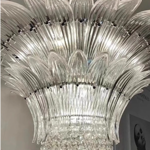 Lustre vintage français Art Déco en fer et cristal, luminaire suspendu en métal cannelé à plusieurs niveaux pour salon et chambre à coucher - Product Image 5