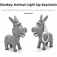 Porte-clés léger en plastique ABS avec son, motif animal de dessin animé en forme d'âne, éclairage LED sûr
