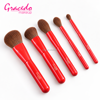 Set Kuas Makeup Profesional Merah Ramah Perjalanan untuk Kolaborasi Merek, 5 Buah Kuas Nilon Gagang Kayu untuk Wajah