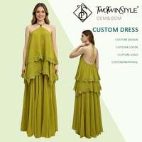 Nouvelle Robe Longue Vert Élégante pour Femme, Dos Nu, Col Halter, en Mousseline Fluide avec Volants et Bordure en Dentelle, Idéale pour les Vacances, la Plage et les Soirées, Vente en Gros