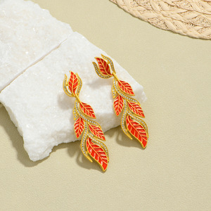 Leaf <b>Stud</b> <b>Earrings</b> Zinc Alloy Red Gold Plated Party Drop <b>Earrings</b> With Rhinestones Plant Pattern Jewelry B605 - Product Image 2