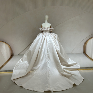 Spjy016 Luxury Ivory Wedding Dress Shoulder 3D Rose Satin Princess Ball Gown Pleated <b>Skirt</b> Floor-Length Bridal for - Product Image 4