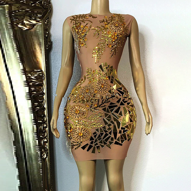 Sparkly Elegant Mirror Dress - Luxury Rhinestone Club Pink