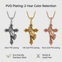 Collier pendentif croix vintage en acier inoxydable avec chaîne à maillons mains en prière pour cadeau d'anniversaire