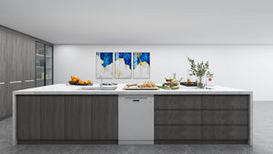 Gabinetes de Cocina Modernos con Puertas de Vidrio Gris, Manijas de Aluminio, Protector Contra Salpicaduras de Granito Impermeable para Apartamento - Product Image 3