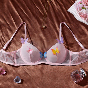 Franse stijl meisjes bh en slip van roze mesh, transparant, dun lingerie set met kousenband, 3-delig lingerie set, sexy damesondergoed - Product Image 3