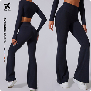 Seis Colores Disponibles, Cintura Alta Elástica, Nylon y Spandex Sólidos, Corte Ajustado, Acampanado, Largo Completo, Secado Rápido, Transpirable - Product Image 2