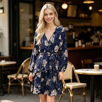 Nouvelle Arrivée 2026 – Robe Mini Décontractée pour Femme, Bleu Marine, Imprimé Floral, Manches Longues, Col en V, Ceinturée, Volants, Idéale pour les Fêtes – Vente en Gros OEM