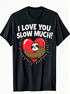 T-shirt Sloth Hugging Heart, girocollo, manica corta, casual, unisex, in jersey, con stampa cartoon, regalo di San Valentino, tessuto elasticizzato medio - Product Image 1