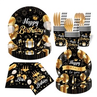 Ensemble de vaisselle jetable moderne en papier noir et or personnalisé pour fête d'anniversaire, assiettes, serviettes, gobelets, décorations de feux d'artifice