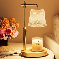 Lampe chauffe-bougie moderne en laiton à intensité variable, abat-jour en verre ondulé cristallin, lumière pour fondre la cire avec base en bois pour la décoration de chambre