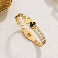 Bracelet jonc unisexe étanche en acier inoxydable plaqué or 18 carats avec zircon, motif trèfle à quatre feuilles, style européen, haute qualité
