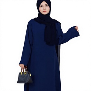 Abaya pour femmes, couleur bleue unie, manches longues, col rond, robe longue modeste avec ensemble foulard noir - Product Image 1