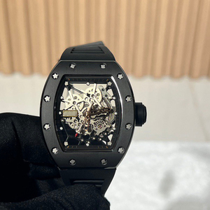 Luxury Tonneau Skeleton Mechanical <b>Watch</b> Black Matte <b>Case</b> Openwork Dial Bright Yellow Rubber Strap - Product Image 3