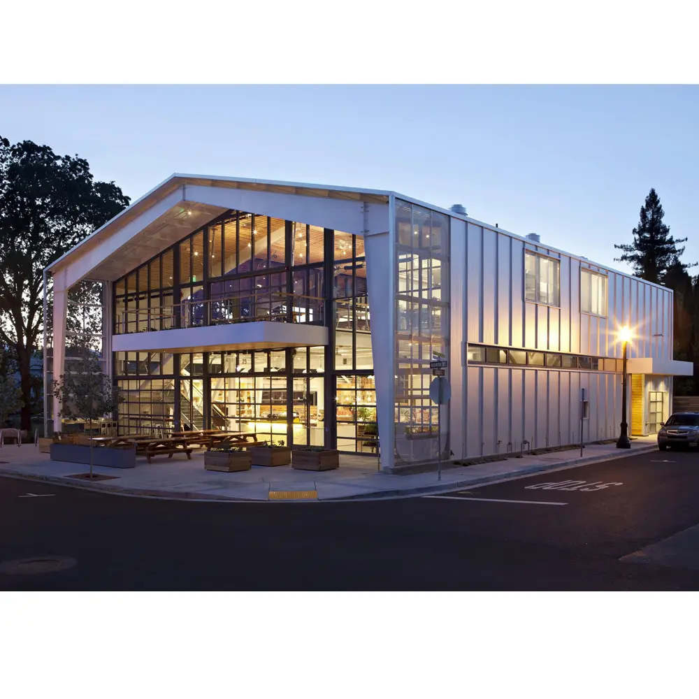 Edifício comercial de estrutura de aço de design moderno showroom pré-fabricado com parede de cortina de vidro